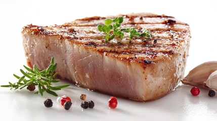 Grilled tuna steak, garnished with herbs, on a white surface, food close-up