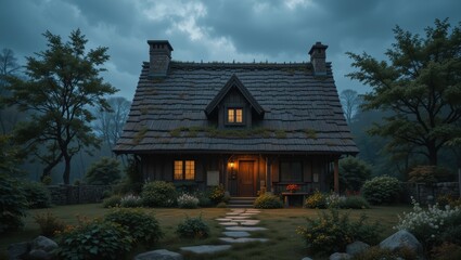 Charming Cottage Surrounded by Lush Garden and Illuminated at Dusk Under Cloudy Sky