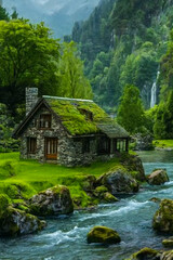 Cozy stone cabin nestled beside a flowing river in a lush green forest