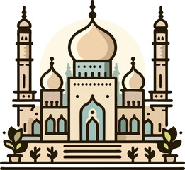 Cute Line Art Mosque Vector with Gold Dome, Symmetrical Minarets, Staircase, and Green Background – Minimalist Islamic Icon Illustration