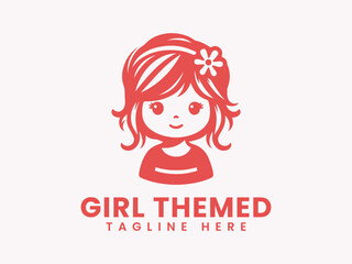 Cute Girl Logo with Red Hair and Flower.