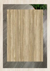 Wooden panel on a textured floor with a plant in the corner