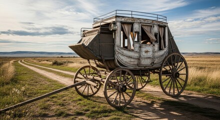 Fototapeta premium A Rustic and Aesthetic view of an abandoned Wild West stagecoach on a lonely prairie road