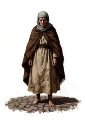Fantasy RPG old school drawing of an old Slavic villager woman with wrinkled face, tired eyes and gray headscarf, folklore-inspired female character design for tabletop roleplay