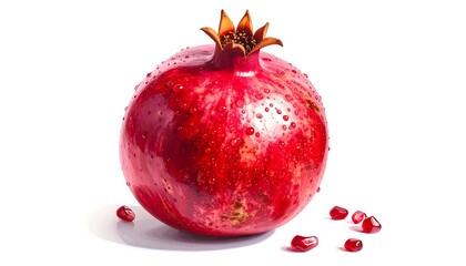 A vibrant, glossy pomegranate, covered in water droplets, sits against a plain white background.