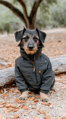 Small dog dressed in a black jacket sitting on a wooden log in a forest setting during autumn, showcasing a charming and stylish look