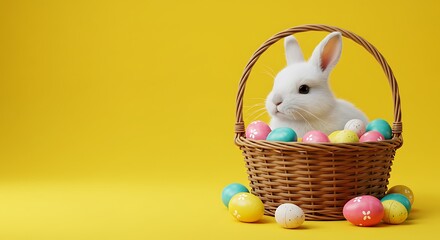 White Easter Bunny in Basket with Colorful Eggs