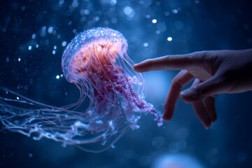 Colorful Jellyfish Swimming in Deep Blue Ocean with Hand Touching It
