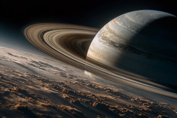 Giant Gas Planet with Rings in Space Surrounded by Clouds and Stars
