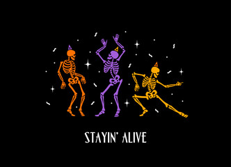 Happy dancing skeletons. Colored vector illustration for Halloween and other