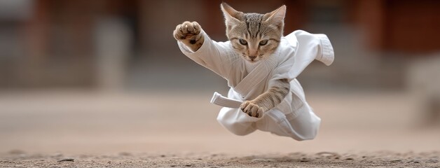 Cat in martial arts uniform leaps through the air in a dynamic action scene showcasing agility and skill