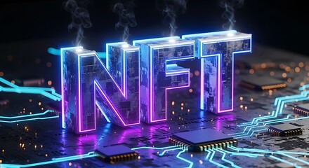 Glowing 3D NFT letters on circuit board neon blockchain technology concept.