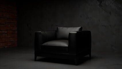 Luxurious black leather armchair in a dark moody studio setting