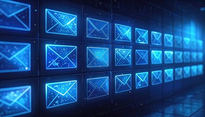 Abstract Blue Glowing Email Icons on Digital Wall