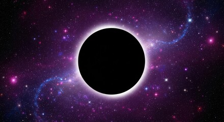 Fototapeta premium A cosmic black hole image featuring a dark void surrounded by vibrant purple nebulae and twinkling