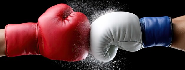 Two boxing gloves collide in a powerful display of strength and sportsmanship during a competitive boxing match in a well-lit arena