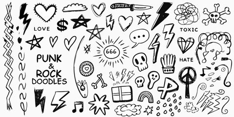 Collection of hand drawn punk rock doodle elements including skulls hearts lightning bolts stars and peace signs