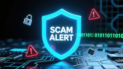A glowing cyan shield with scam alert warning text surrounded by lock and email spam fraud alert icons