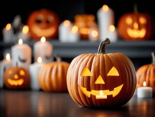 Fototapeta premium A festive Halloween scene with a glowing jack-o'-lantern, blurred pumpkins, and flickering candles.