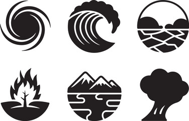Natural disaster icons: storm, wave, desert, fire, mountains, tree