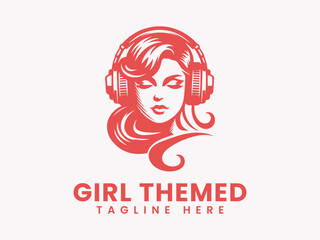 Stylish Redhead Girl Wearing Over Ear Headphones Logo Design.
