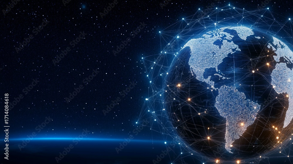 Poster global digital transformation interconnect concept with technology network and internet access map
