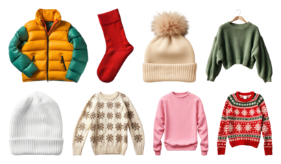 PNG Colorful winter clothing collection, element set on transparent background