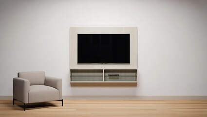 Modern living room with armchair and wall mounted television entertainment center
