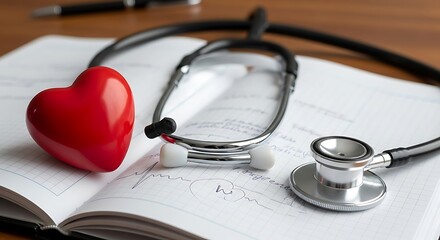 A red heart symbol rests on an open medical journal next to a stethoscope, symbolizing health and cardiology.