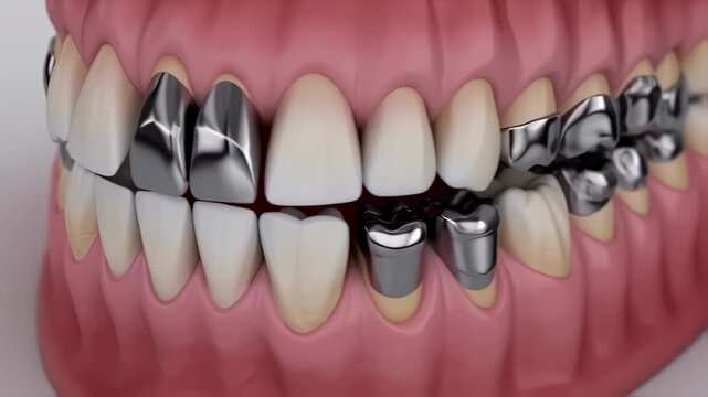 Dental restoration overview showcasing molar crowns and partial dentures, detailed visualization