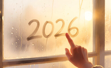 Finger writing 2026 on foggy window with sunlight in background  
