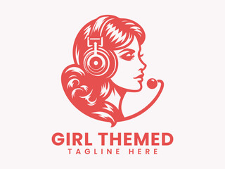 Stylized Womans Profile with Headphones and Microphone in Coral Red.
