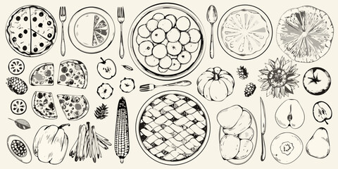 Hand drawn sketch of a variety of food items and utensils arranged artistically on a light background
