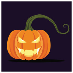 Cartoon illustration of a carved Halloween pumpkin with a scary face and a long, curved green stem on a dark background.