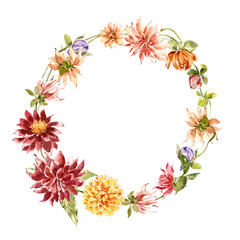 Beautiful Watercolor Floral Wreath Illustration, Hand Painted Botanical Frame with Dahlias and Wildflowers for Wedding Invitation and Logo Design