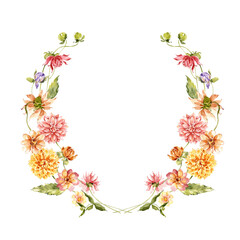 Hand Painted Watercolor Floral Wreath Illustration with Dahlias and Wildflowers, Perfect for Wedding Invitations, Greeting Cards and Decorative Design