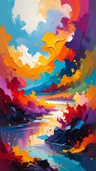 Obraz premium A vibrant landscape painting showcasing a flowing river, sculpted with bold brushstrokes and a spectrum of colors.