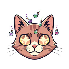 Whimsical Cat Potion Maker: A charming illustration of a cat with starry eyes surrounded by bubbling potion bottles, creating a magical and enchanting scene.