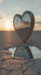 Fototapeta premium A heart-shaped mirror reflects a serene sunset sky across a cracked, arid landscape.