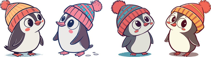 Cute cartoon penguins in colorful winter sweaters and hats with snowflake patterns, funny and colorful animal playing simple flat design.