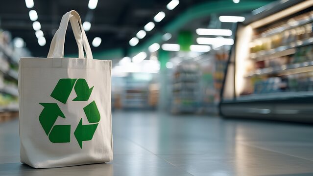 A reusable shopping bag with a green recycling symbol sits on a tiled floor in a grocery store. The background features shelves stocked with various products.