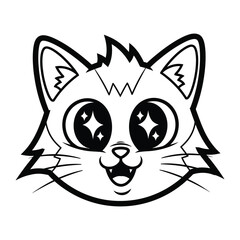 Whimsical Cat Illustration: An adorable cartoon cat face with big, sparkling eyes and a joyful grin, rendered in bold, playful strokes. 
