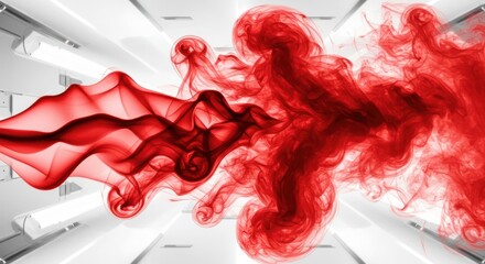 Abstract Red Smoke Flowing Through a Futuristic Tunnel with Bright Lights