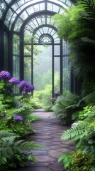 Gothic greenhouse with black roses, stained glass, and wrought iron elegance. Atmospheric Victorian-inspired setting for dark floral artwork.