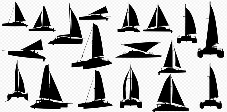 A diverse collection of black sailboat and catamaran silhouettes, showcasing various designs and views of sailing vessels for water recreation.