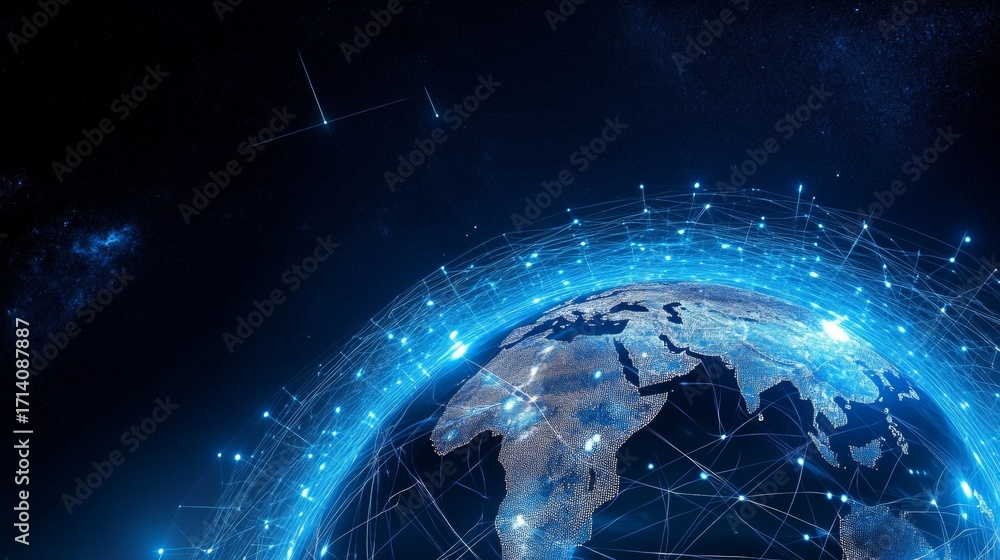 Poster global communication and technology high-tech planet with digital networks and futuristic design