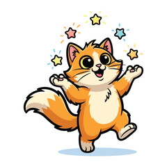Magical cat: A whimsical orange cat surrounded by sparkling stars, with its paws raised. This captivating illustration sparks joy and imagination.