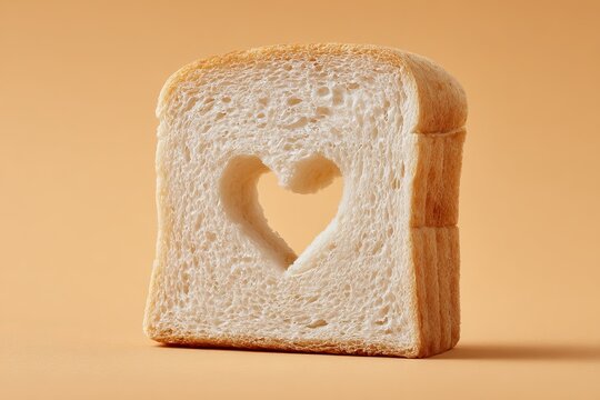  a slice of white bread with a heart-shaped cutout, isolated on a solid background.