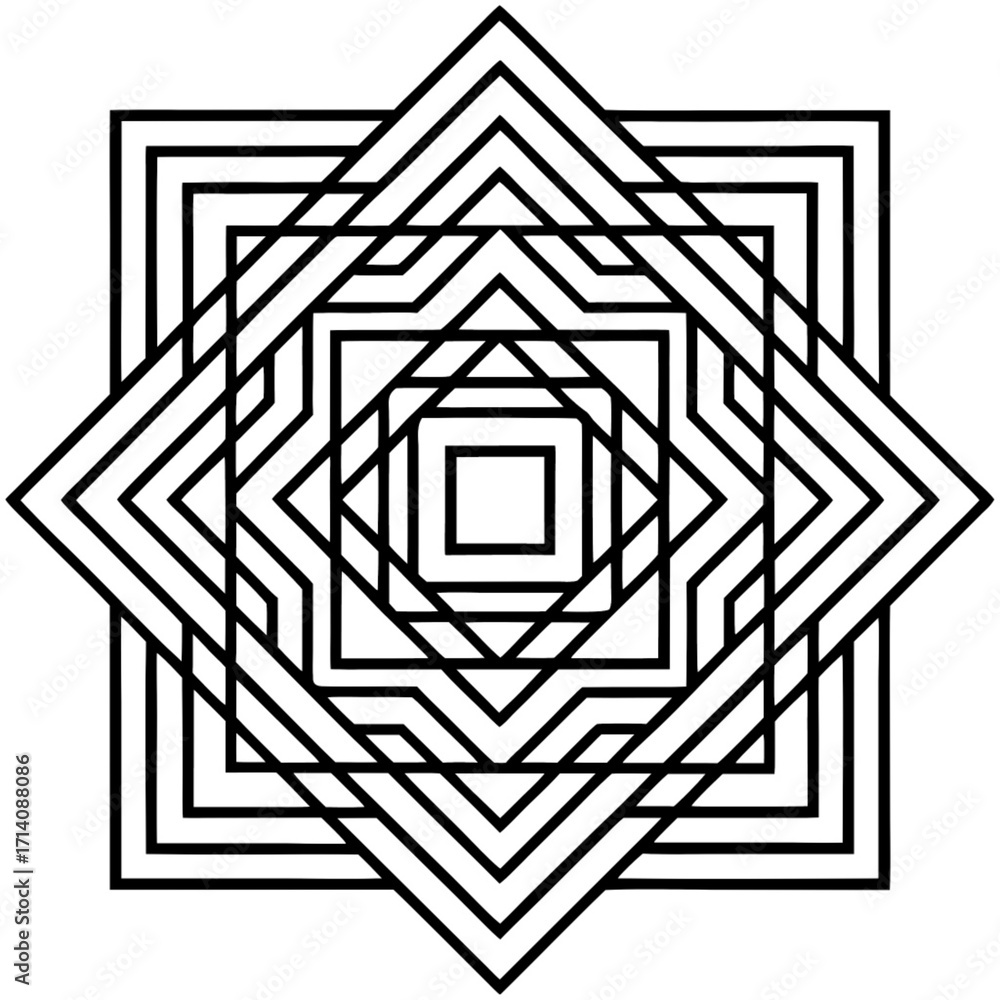 Poster minimilist geometric design featuring nested squares and star shapes in a symmetrical black and whit