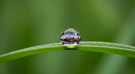 A macro photograph of a single water droplet on a green blade of grass, reflecting an inverted city skyline.